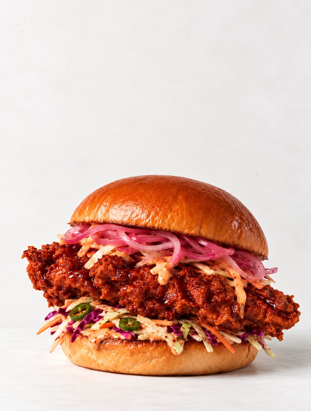 CAYN hot fried chicken sandwich with slaw and pickled onions on a brioche bun